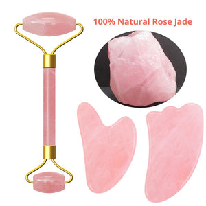 Pink Crystal Stone Jade Roller Set Face Lift Massage Roller Facial Slimming Massager Natural Quartz Stone Neck Massage Tool
